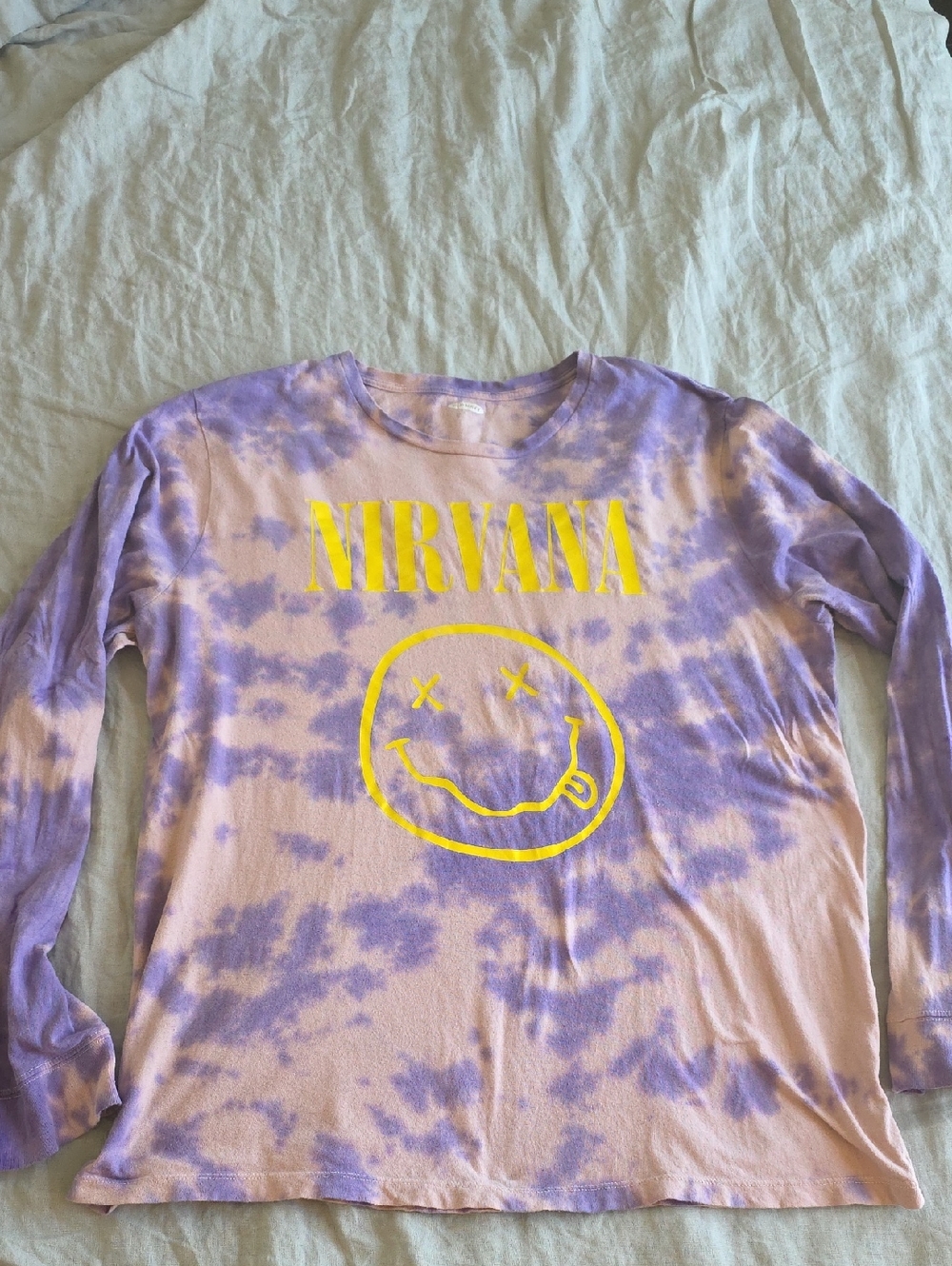 NIRVANA Lavender & Pink Tie-Dye Long Sleeve Tee with Yellow Logo